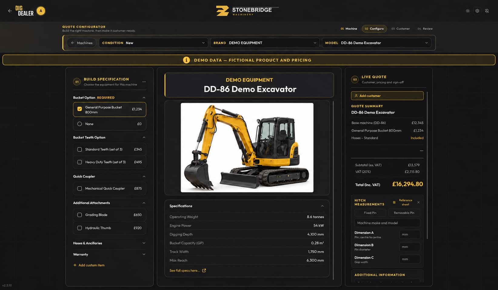 A custom quoting app built by Automative SEO, showing machine options and a live quote total
