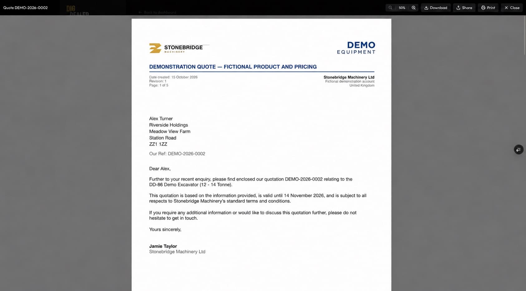 A branded DigDealer quotation PDF with the dealer logo, customer address and covering letter